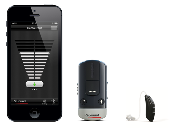 Figure 3. The ReSound Phone Clip+ is an MFi wireless hearing aid accessory that provides remote control functionality for hearing aids via an app written for iOS.