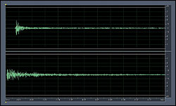 Figure 3a-b. Transient response for a high frequency (HF) microphone. Top (3a): Output from HF microphone. Bottom (3b): “Knife hitting Ceramic” input to HF microphone (boosted 20 dB).