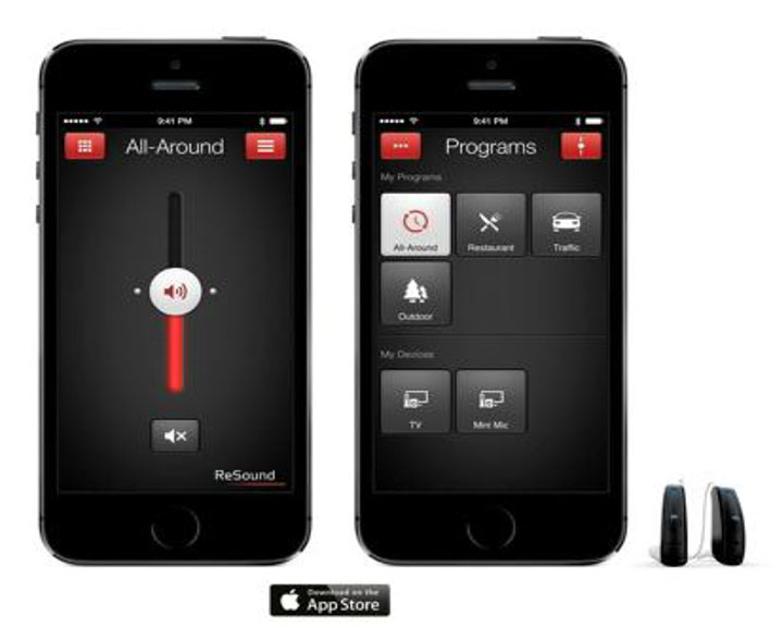 Figure 5. The ReSound Smart app can be downloaded to the iPhone. In addition to remote control functionality, it has features that let users save settings for specific locations, check battery status, and look up information on operation and maintenance of the hearing aids, among other things. It even helps them find their ReSound LiNX hearing aids should they have been misplaced.